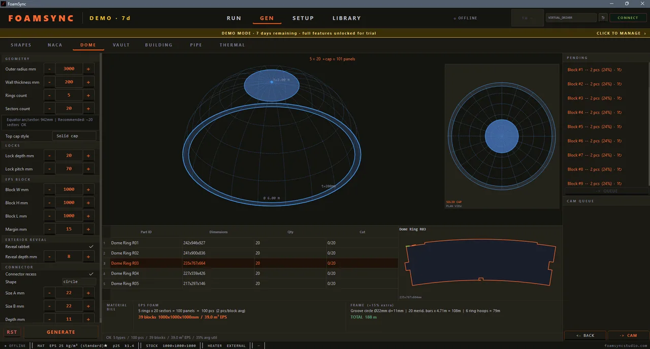 Parametric dome generator with rings, sectors and top-cap controls