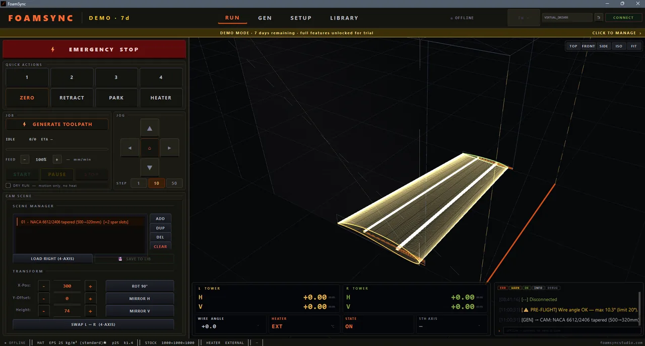 Tapered wing setup with independent root and tip NACA profiles on the two towers